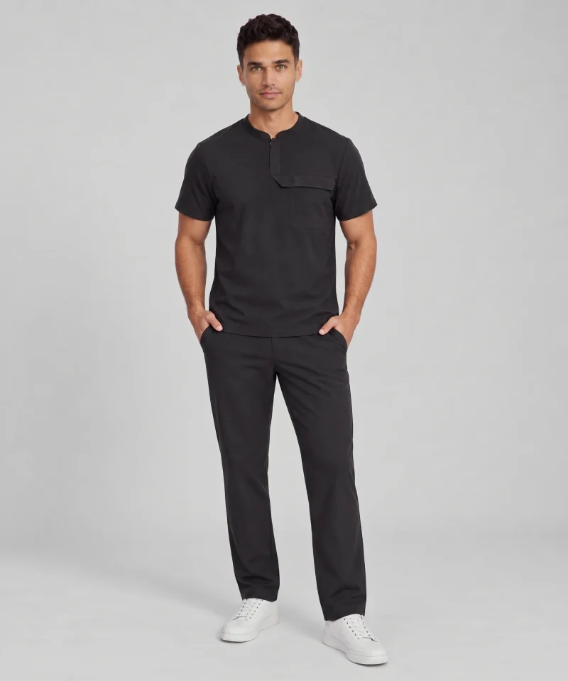 Front Desk Collar Top — Full outfit shown; pants sold separately.