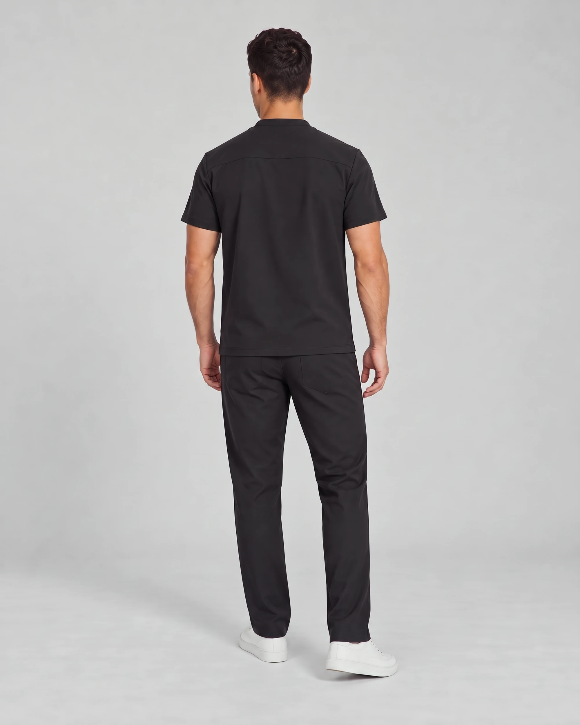 Front Desk Collar Top — Full outfit shown; pants sold separately.