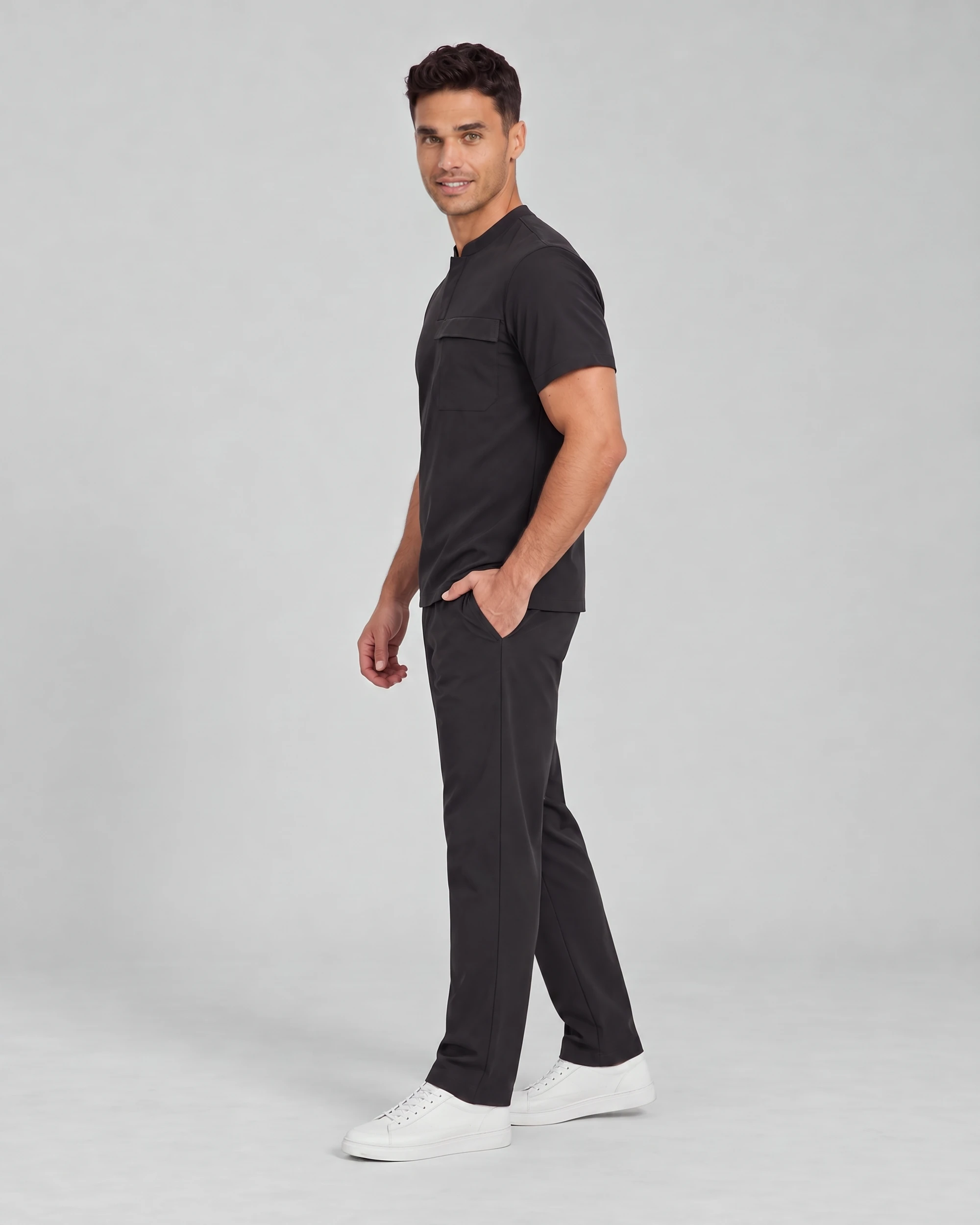 Front Desk Collar Top — Full outfit shown; pants sold separately.