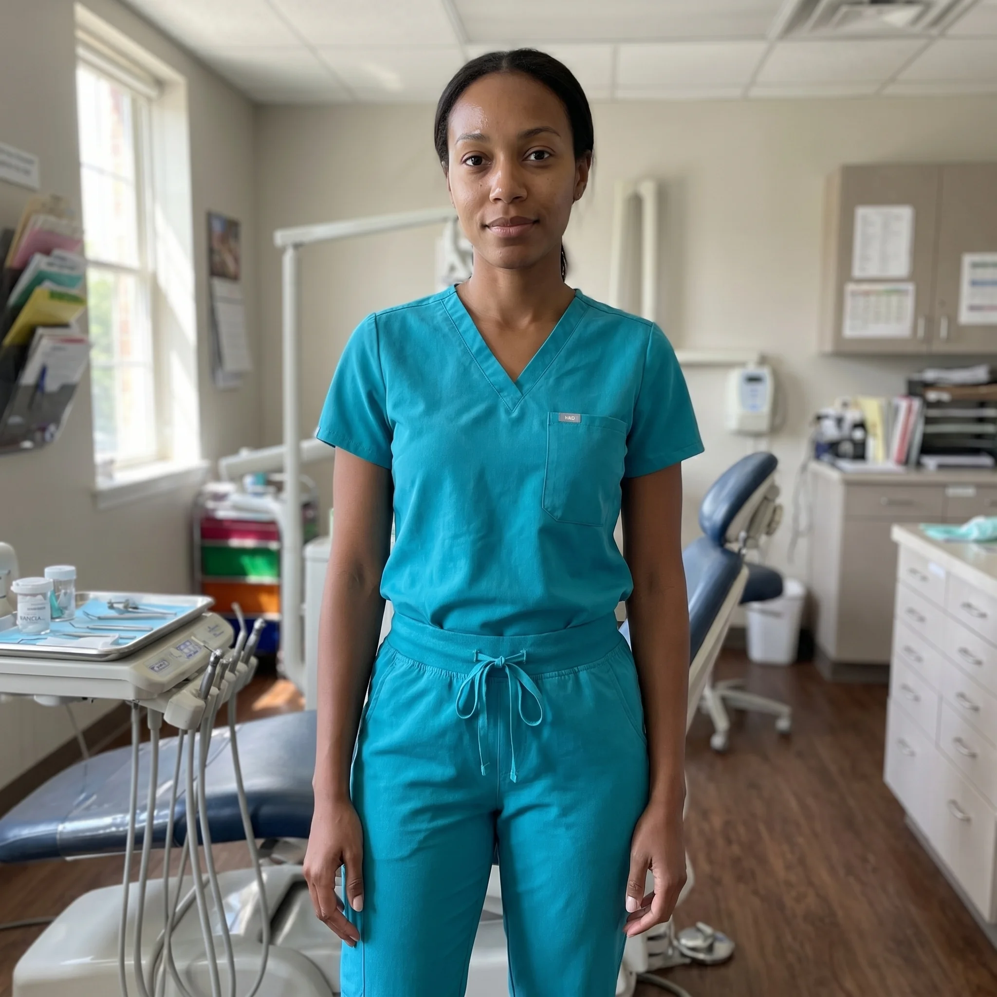 Clinician wearing the Caribbean-teal Daily Drawstring scrub set in a clinic