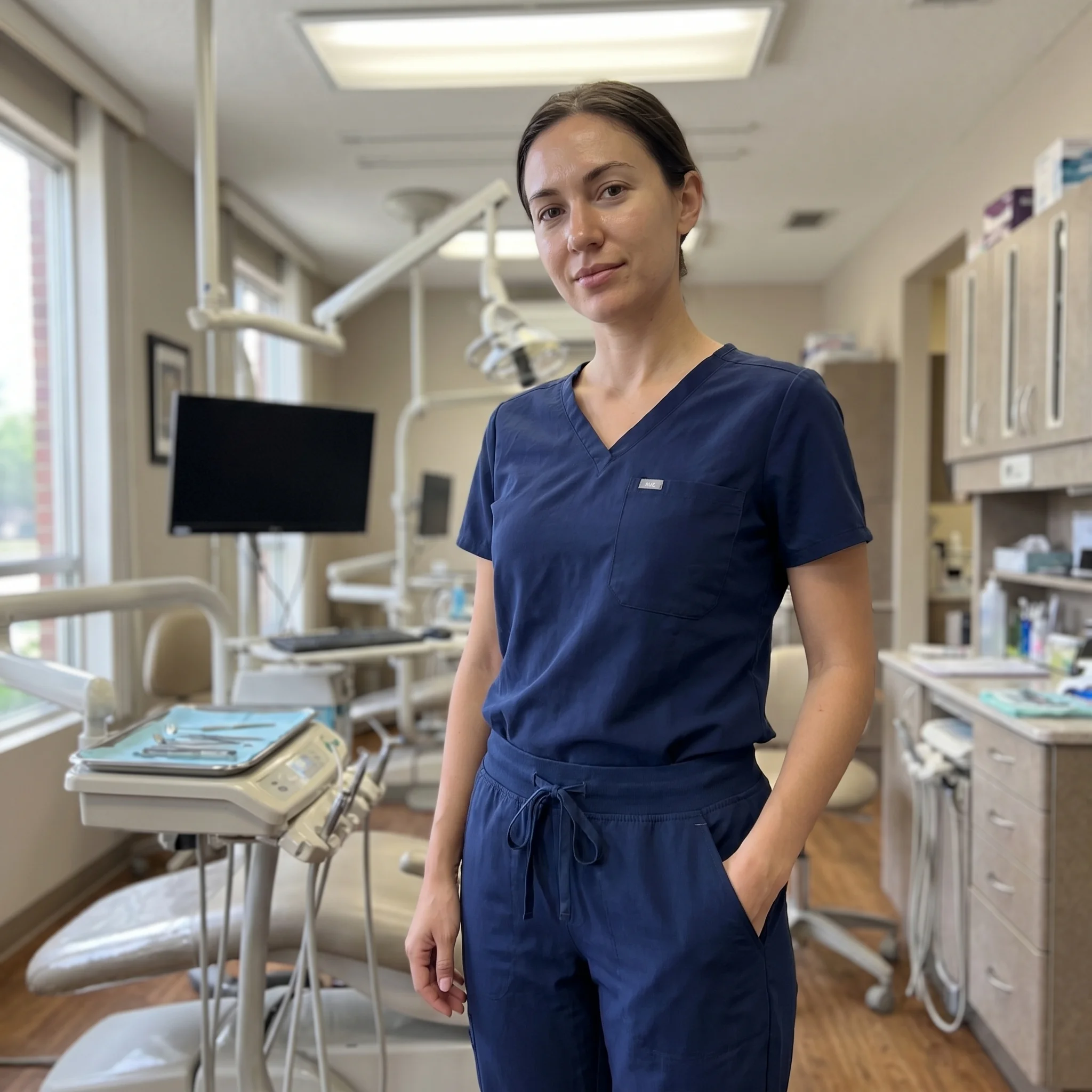 Clinician wearing the navy Daily Motion scrub set in a dental clinic