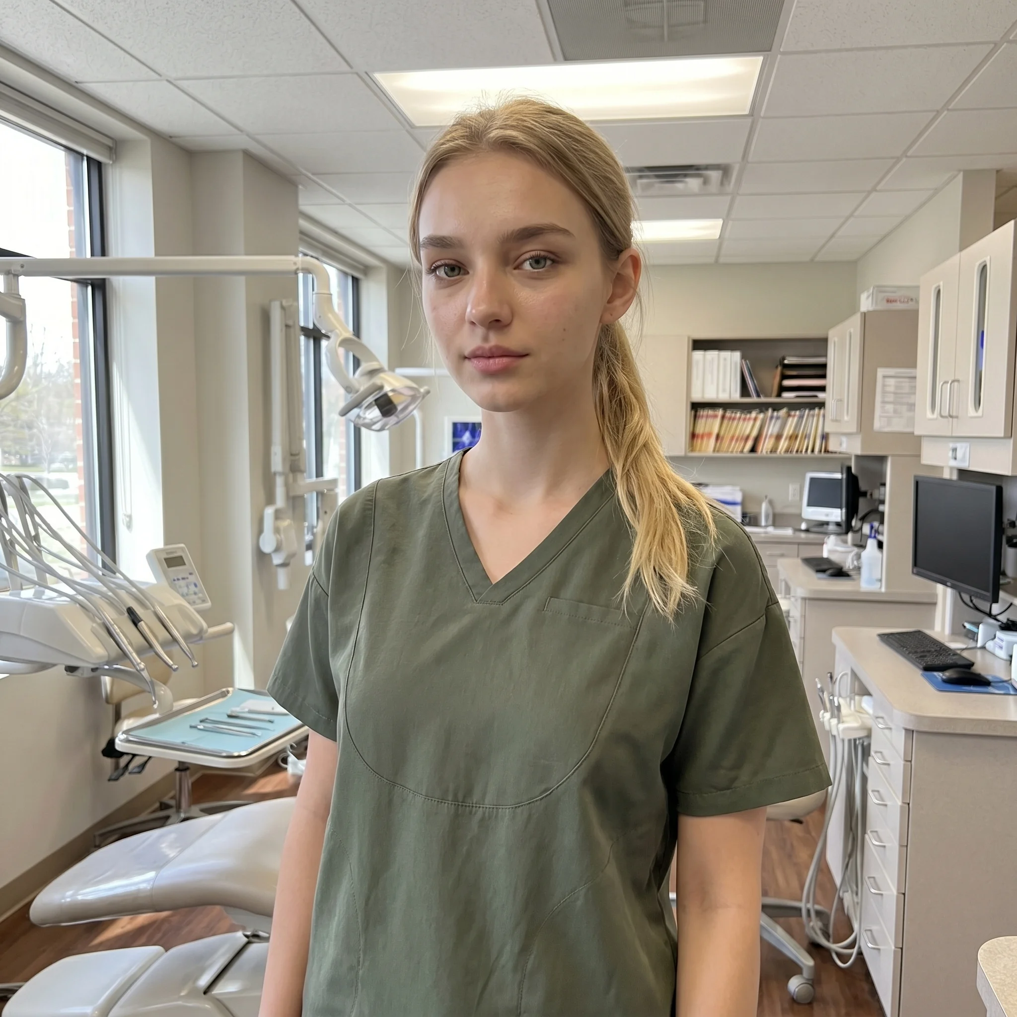 Clinician wearing the olive-green Essential V Top in a dental clinic