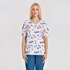 Model wearing the CarePrint animal-print V-neck scrub top