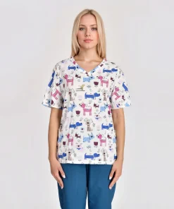 Model wearing the CarePrint animal-print V-neck scrub top
