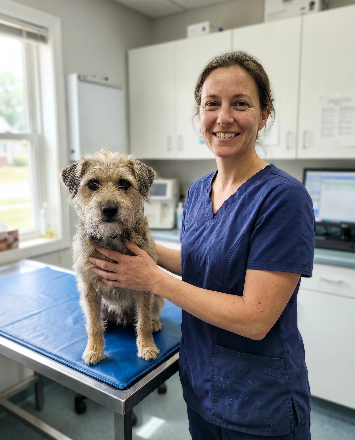 A veterinary professional in navy scrubs with a dog on the exam table