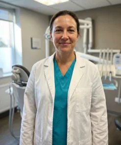 LumiScrubs white clinic lab coat worn over a teal scrub top