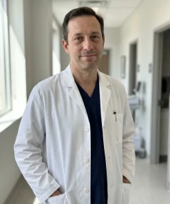 LumiScrubs white clinic lab coat, front view