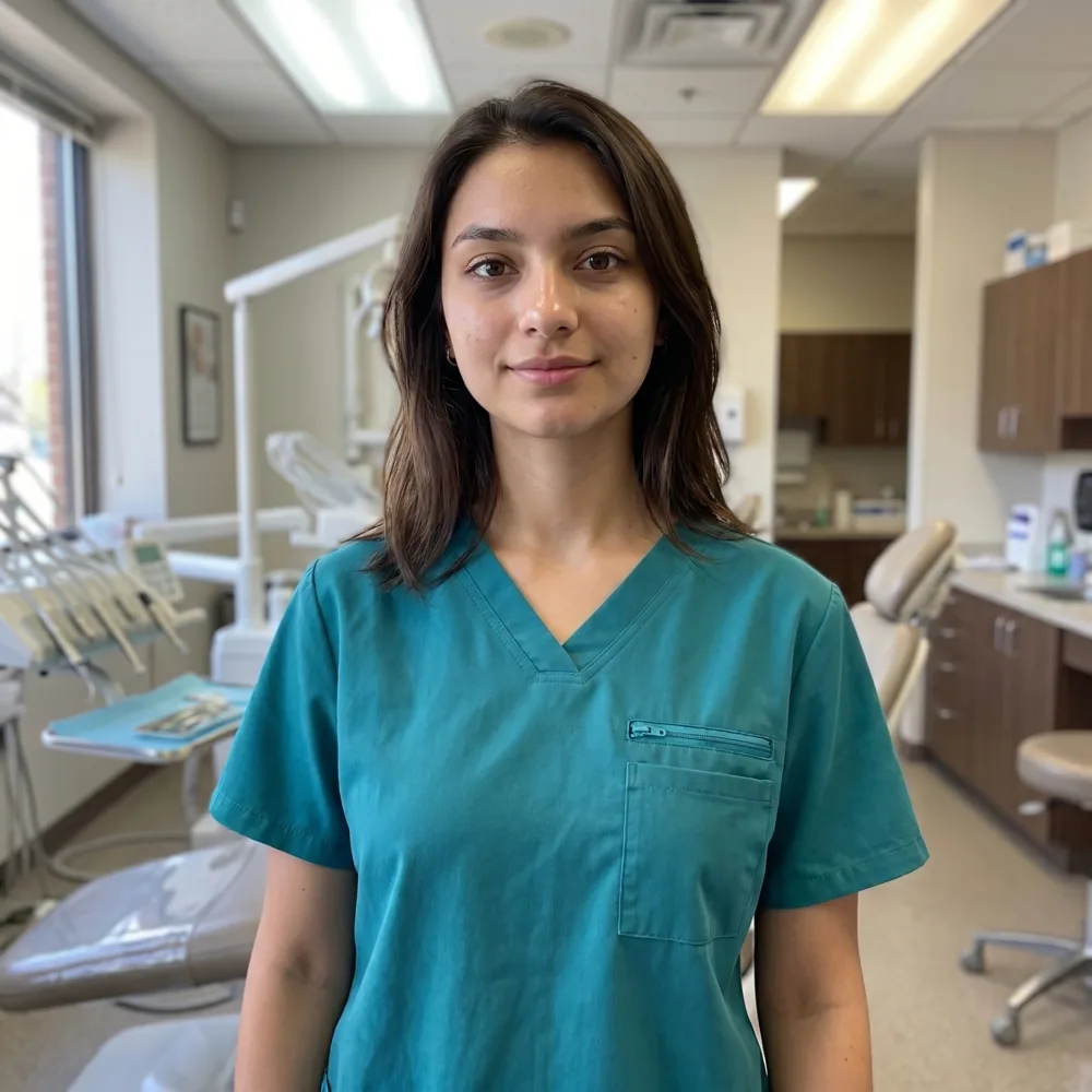 Dental assistant in a teal LumiScrubs zip-pocket scrub top, chairside in a dental operatory