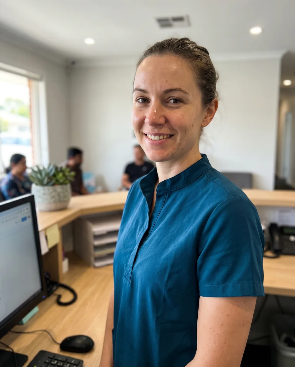 A front-desk coordinator in a teal collar top at a clinic reception desk