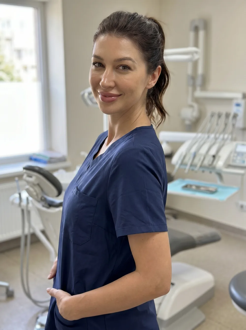 Dental hygienist in a navy LumiScrubs scrub top in a hygiene operatory