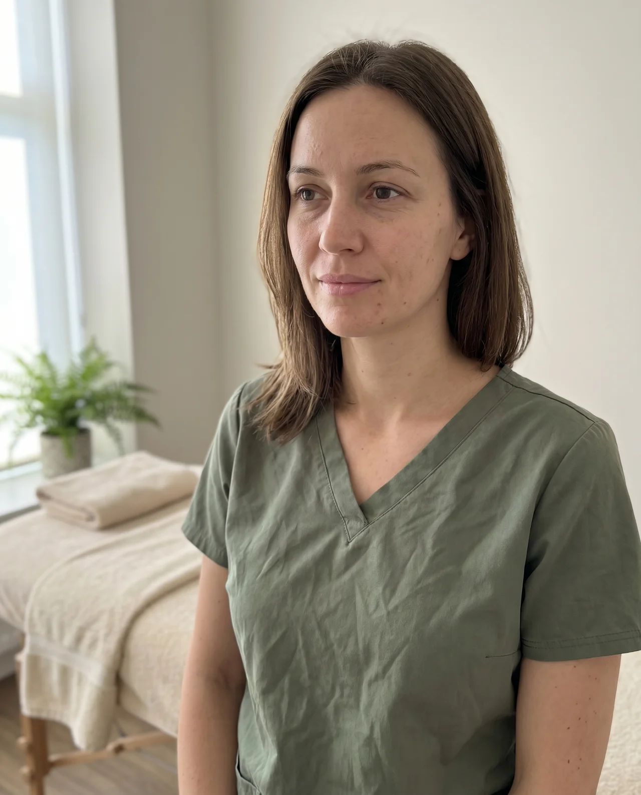 An esthetician in olive scrubs in a calm med-spa treatment room