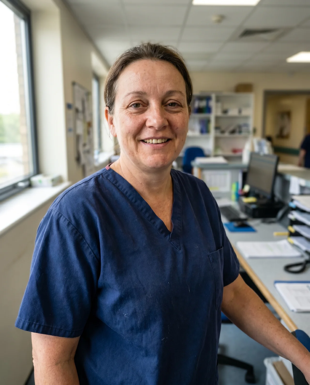 A nurse in navy scrubs at a hospital nurses' station