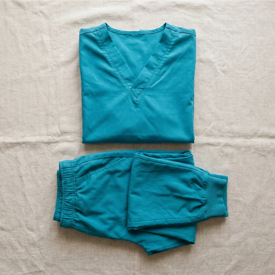 LumiScrubs coordinated teal scrub set, top and matching pant flat-lay