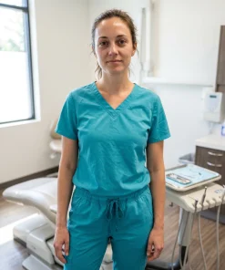 Clinician wearing a matching teal LumiScrubs scrub set