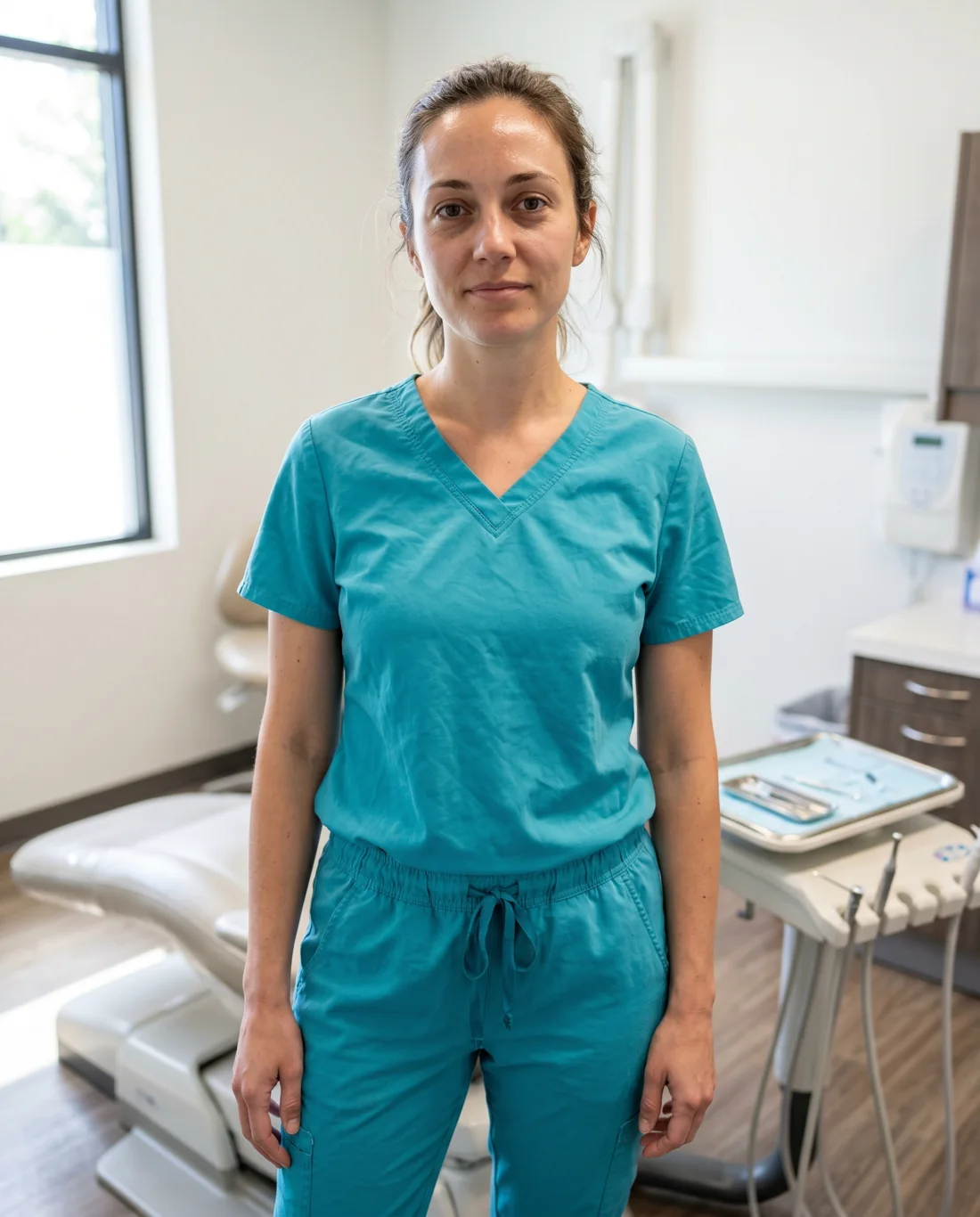 Clinician wearing a matching teal LumiScrubs scrub set