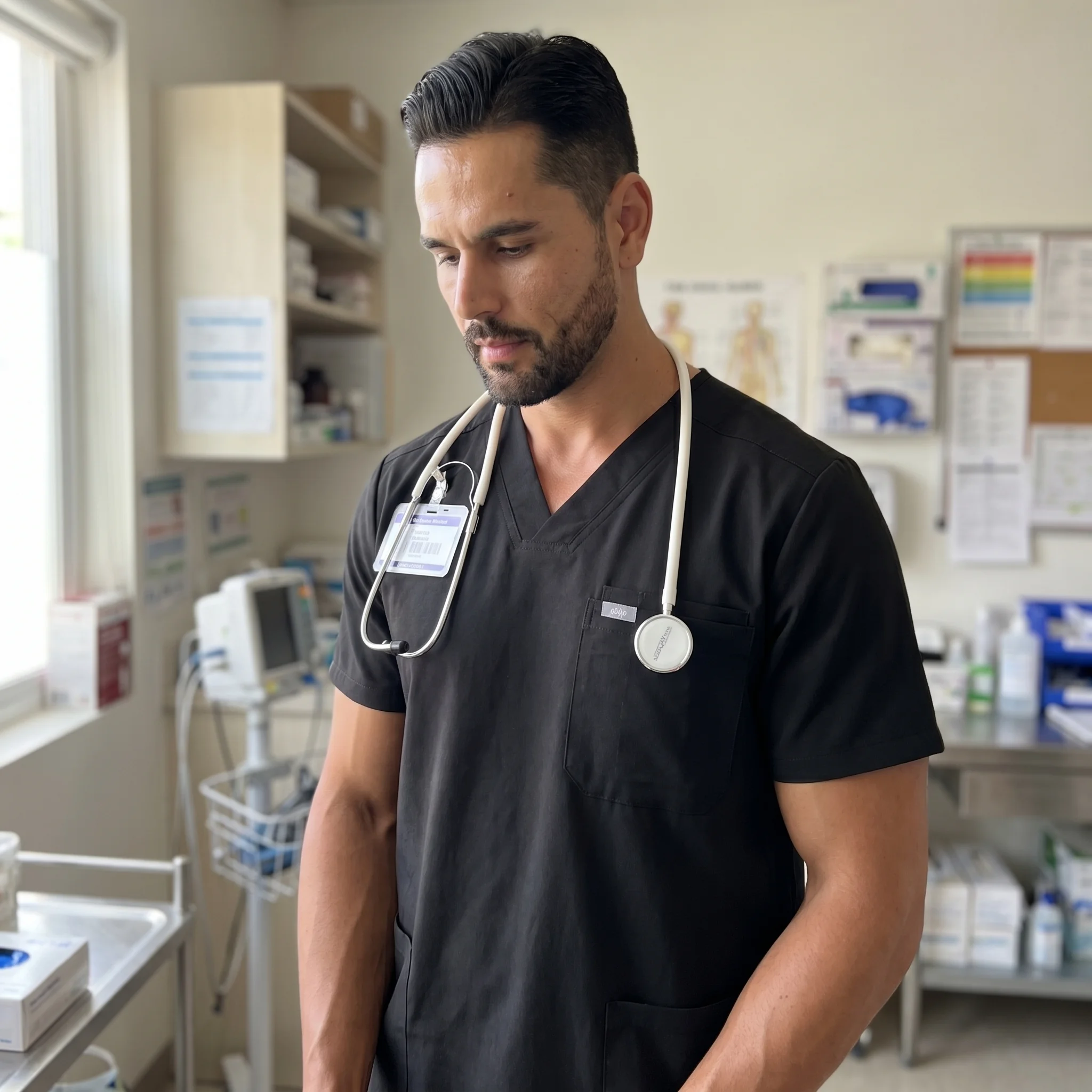 A male clinician in black scrubs in a clinic