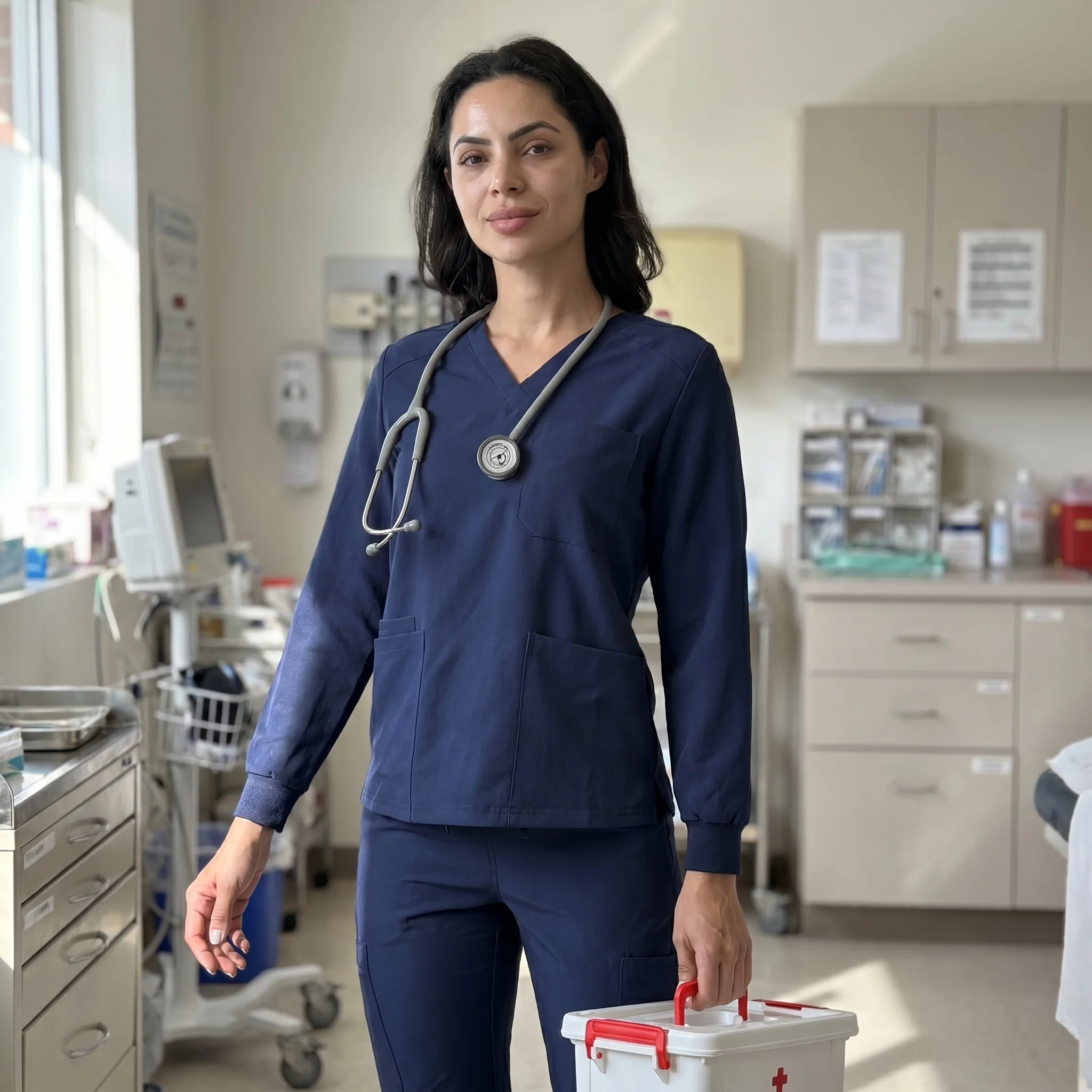 A clinician in a navy long-sleeve underlayer scrub in a clinic