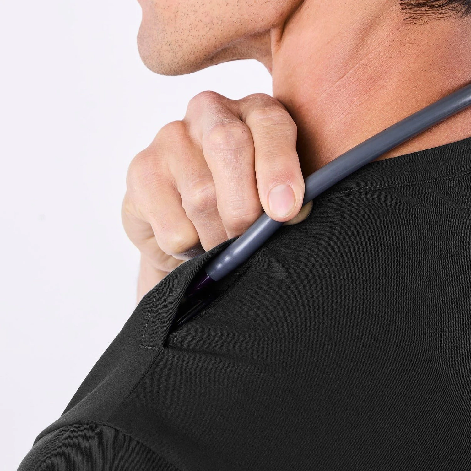 Front Desk Collar Top — Full outfit shown; pants sold separately.