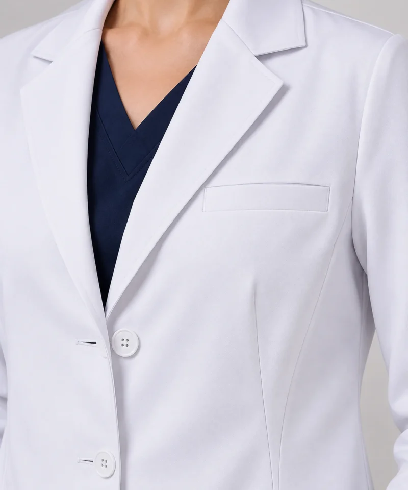 Stretch Lab Coat in White - lapel & buttons detail