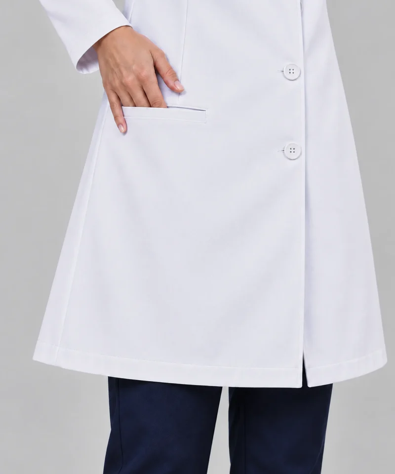 Stretch Lab Coat in White - cuff & pocket detail