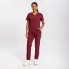Lumi Core Scrub Set Women's — Burgundy, model wearing V-neck top and straight-leg pants