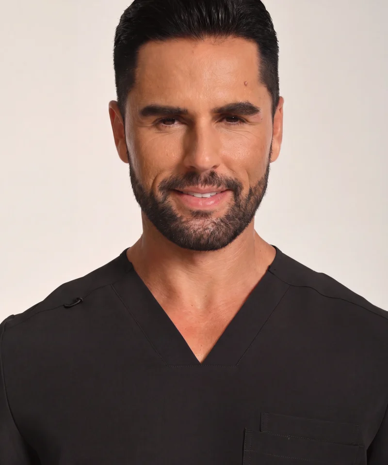 Men's scrub top in Black - neck detail close-up