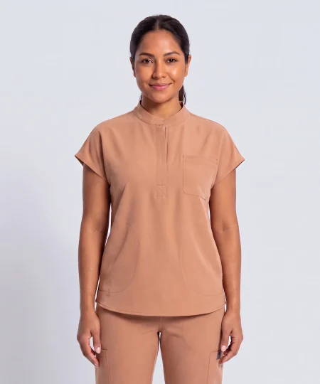 Front Desk Collar Top in tan