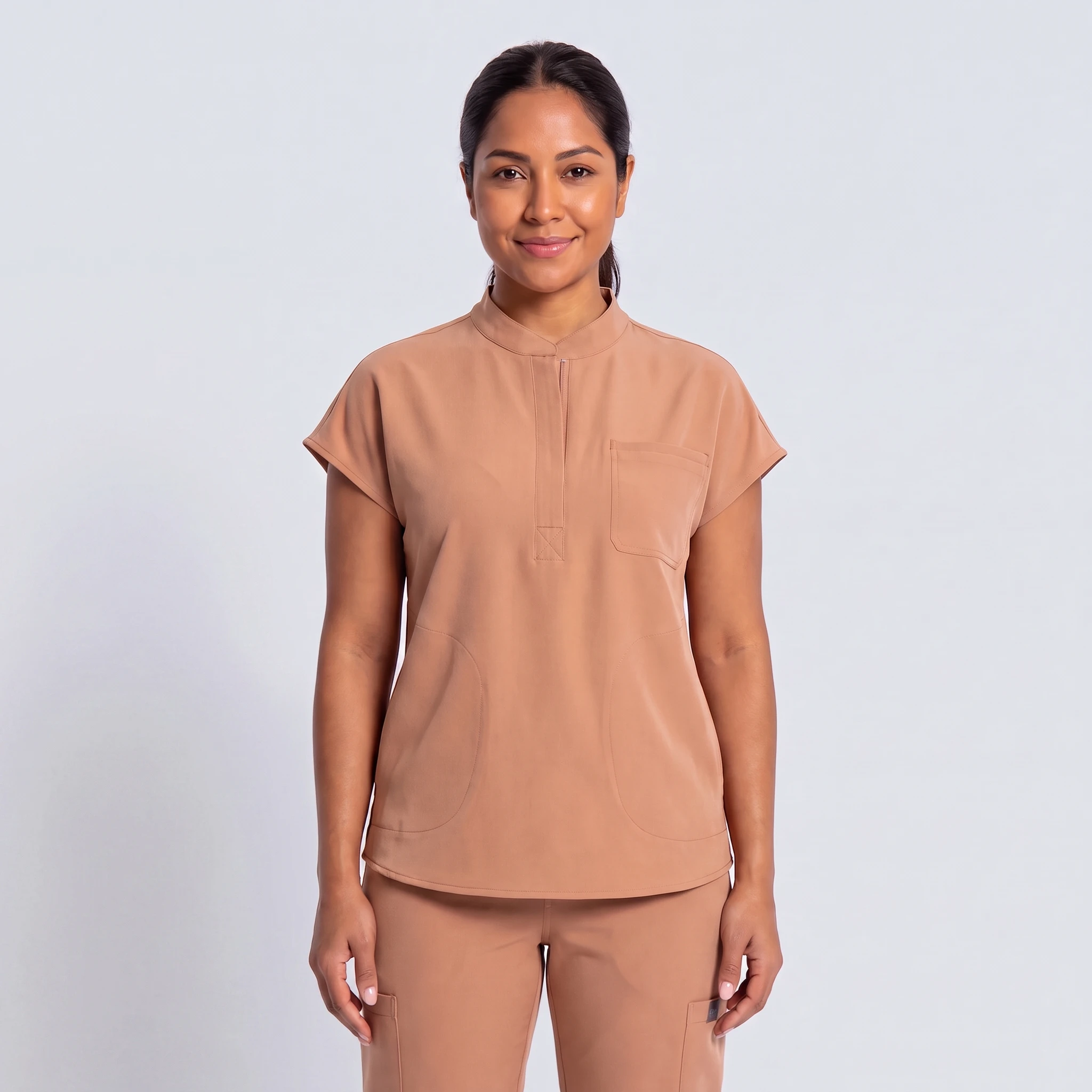 Front Desk Collar Top in tan