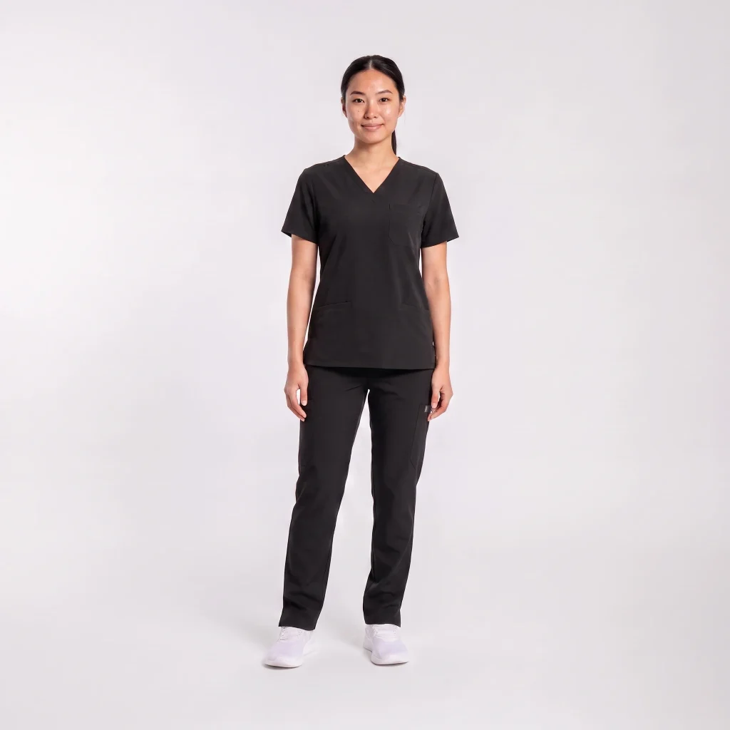 Lumi Core Scrub Set Women's — Black, model wearing V-neck top and straight-leg pants