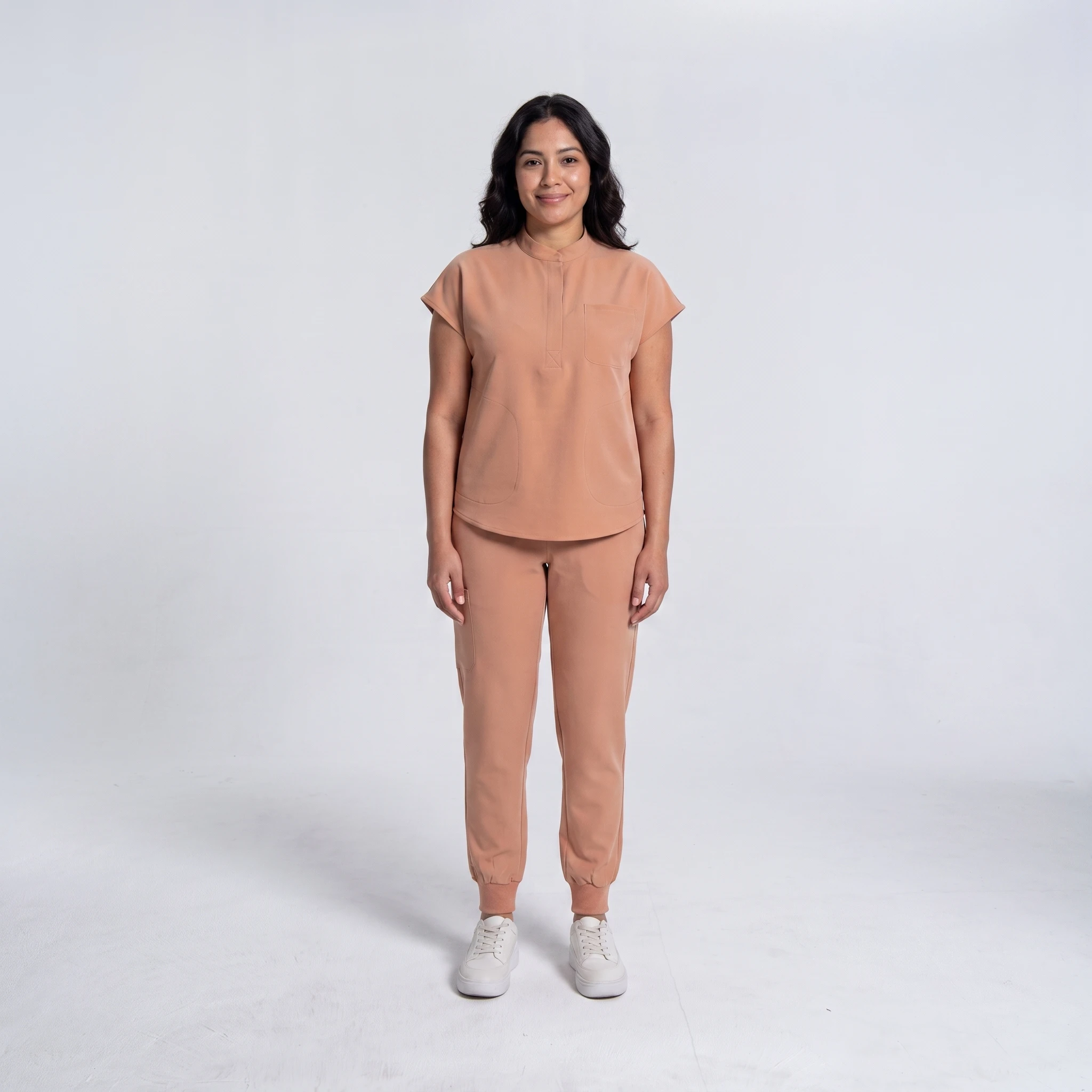 Lumi Motion Scrub Set Women's — Caramel, mandarin-collar top and jogger pants