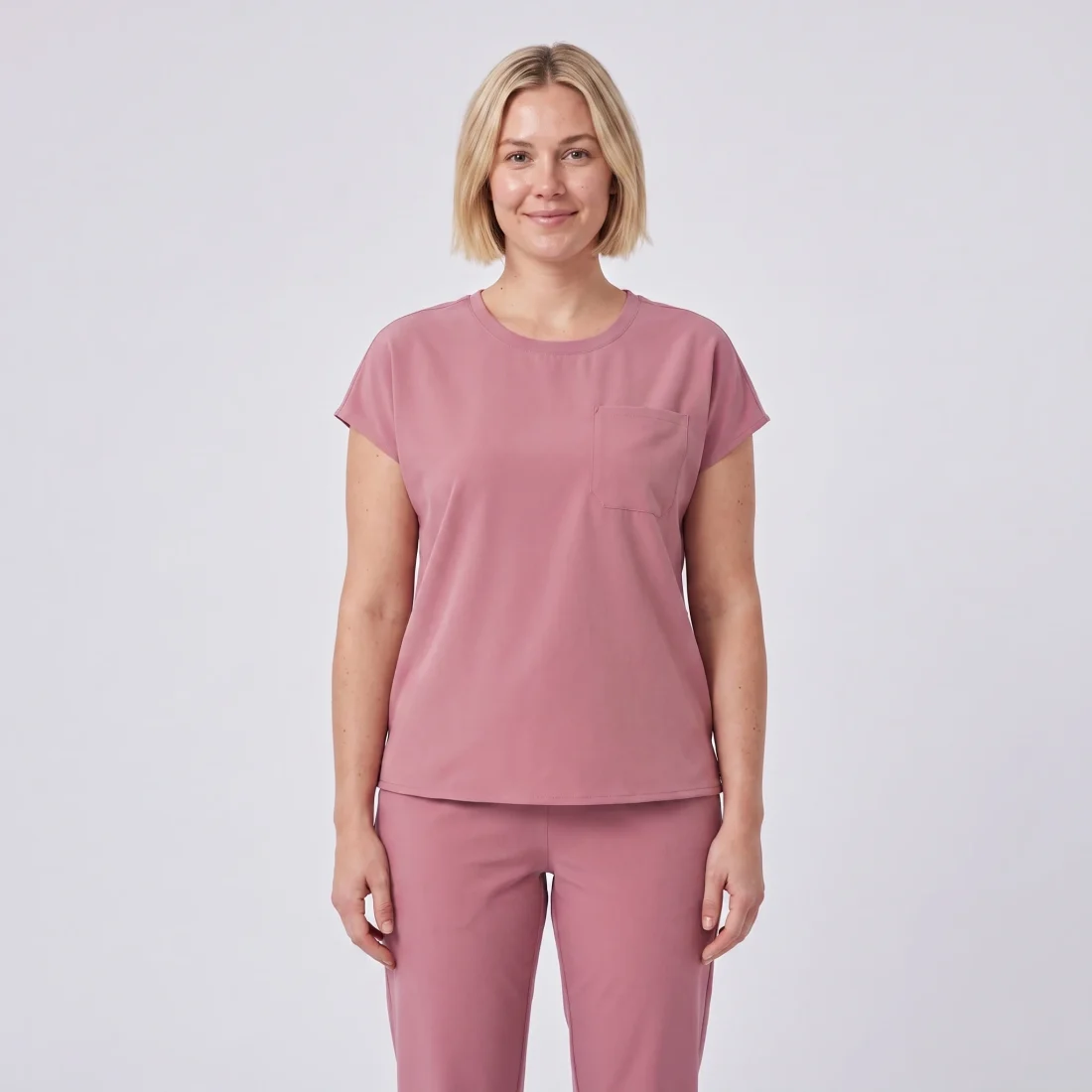 Soft Crew Top — Mauve, round neckline with chest pocket