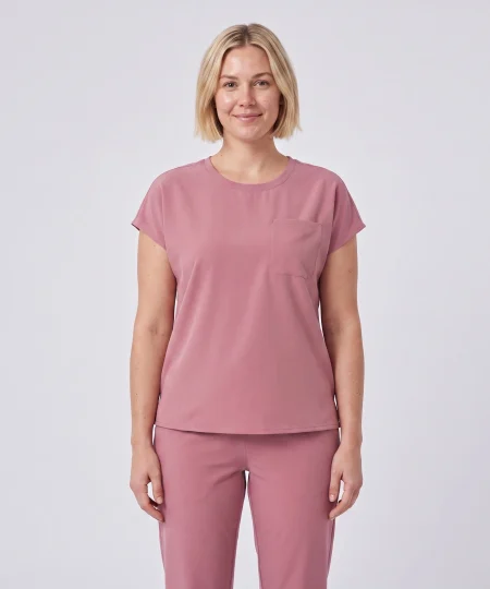 Soft Crew Top — Mauve, round neckline with chest pocket