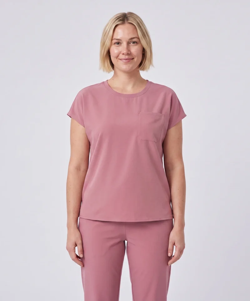 Soft Crew Top — Mauve, round neckline with chest pocket
