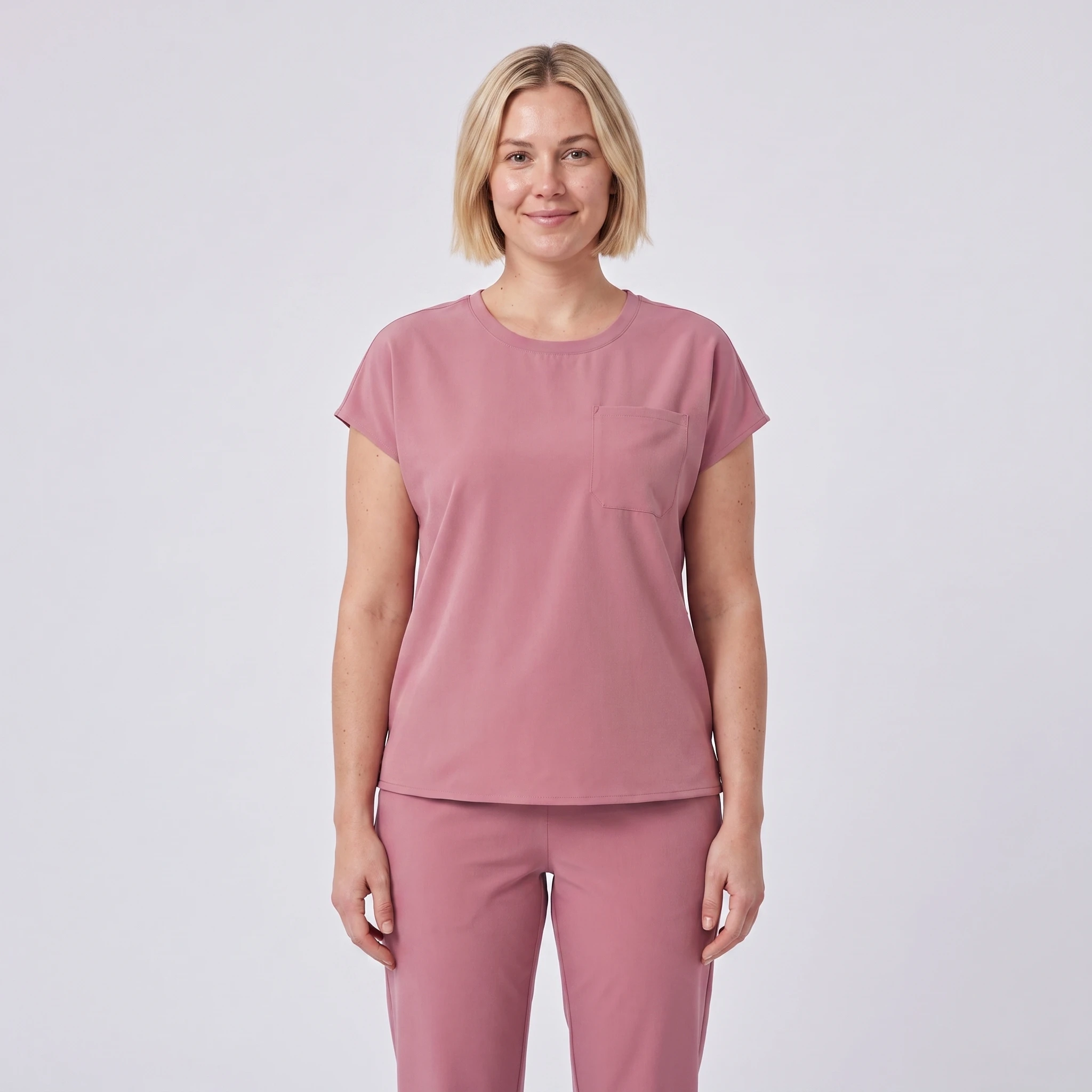 Soft Crew Top — Mauve, round neckline with chest pocket