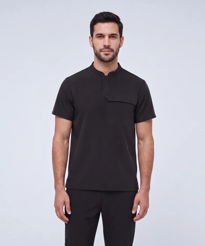 Men's Front Desk Collar Top — Full outfit shown; pants sold separately.