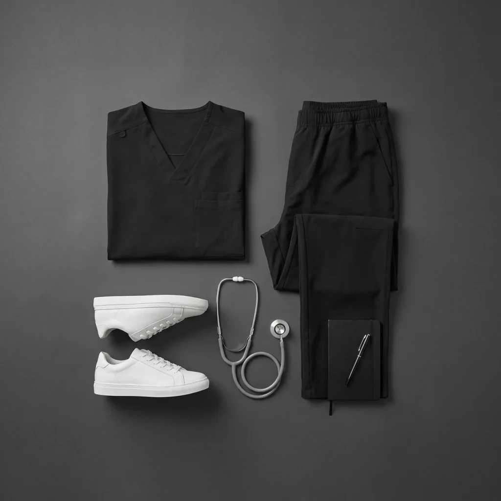 Black scrub set flat lay
