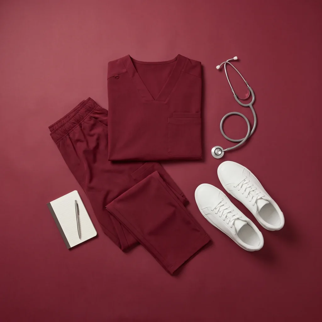 Burgundy scrub set flat lay