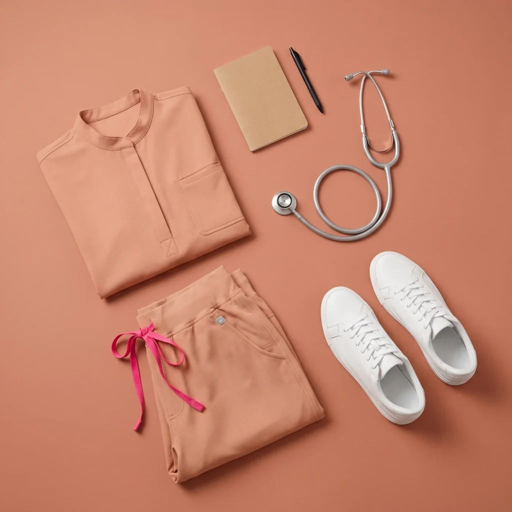 Caramel scrub set flat lay