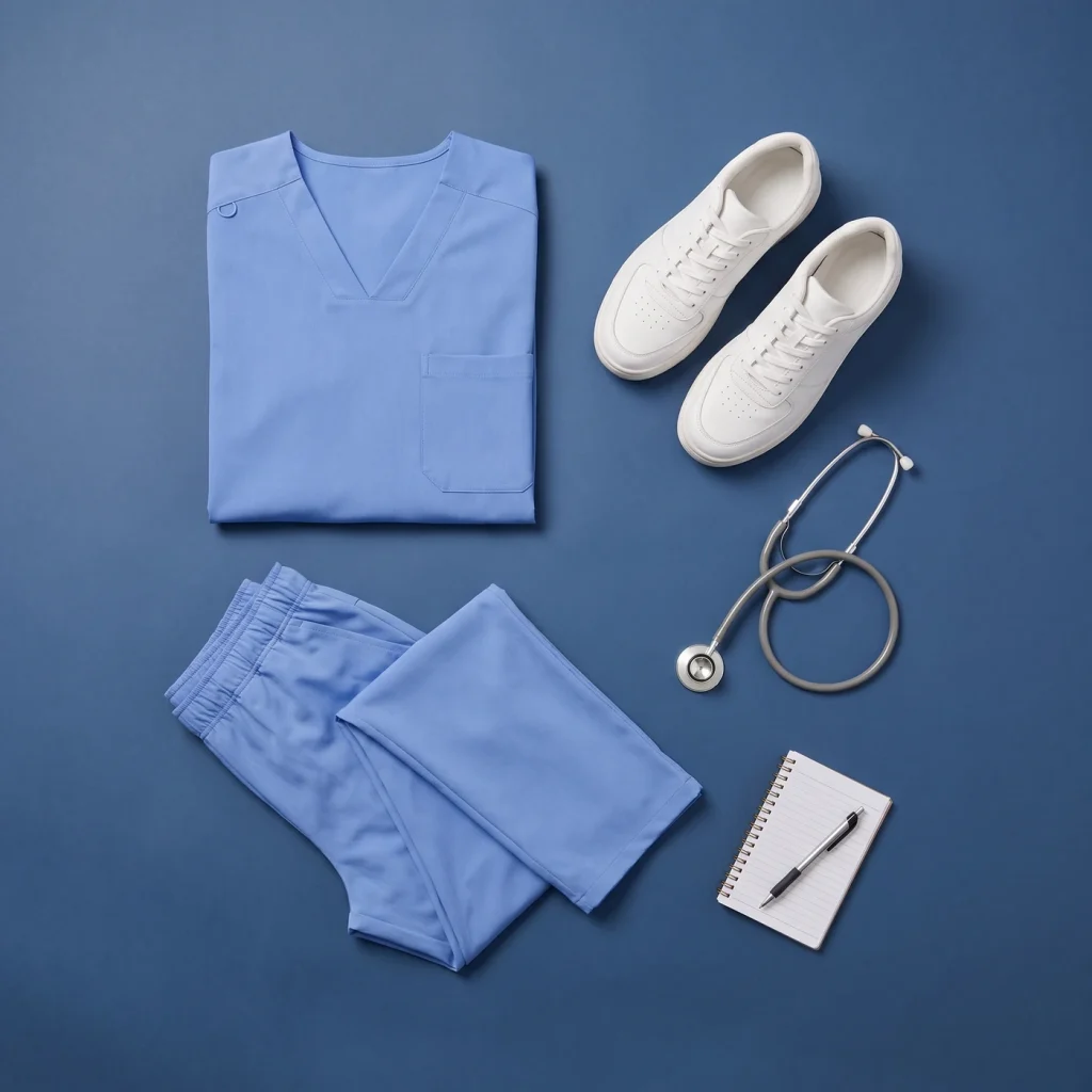 Ceil Blue scrub set flat lay