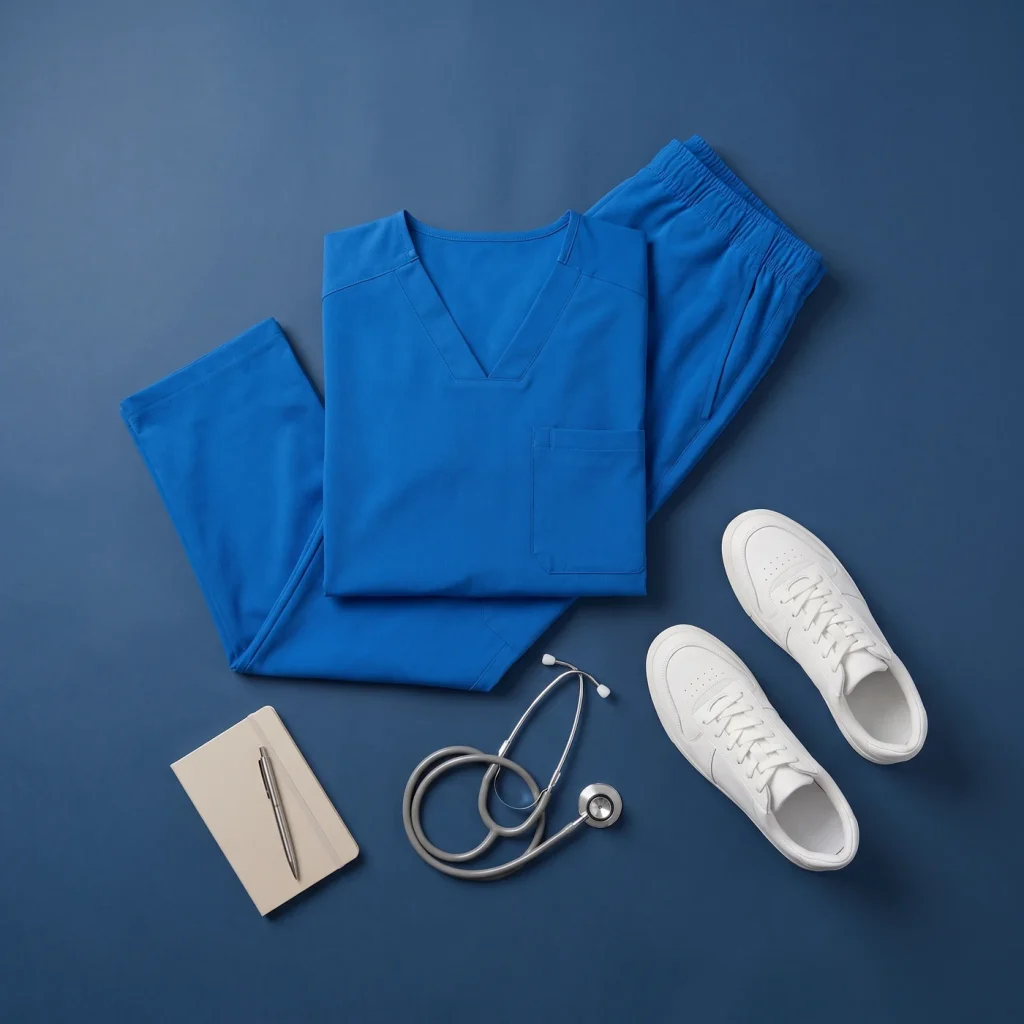 Royal Blue scrub set flat lay