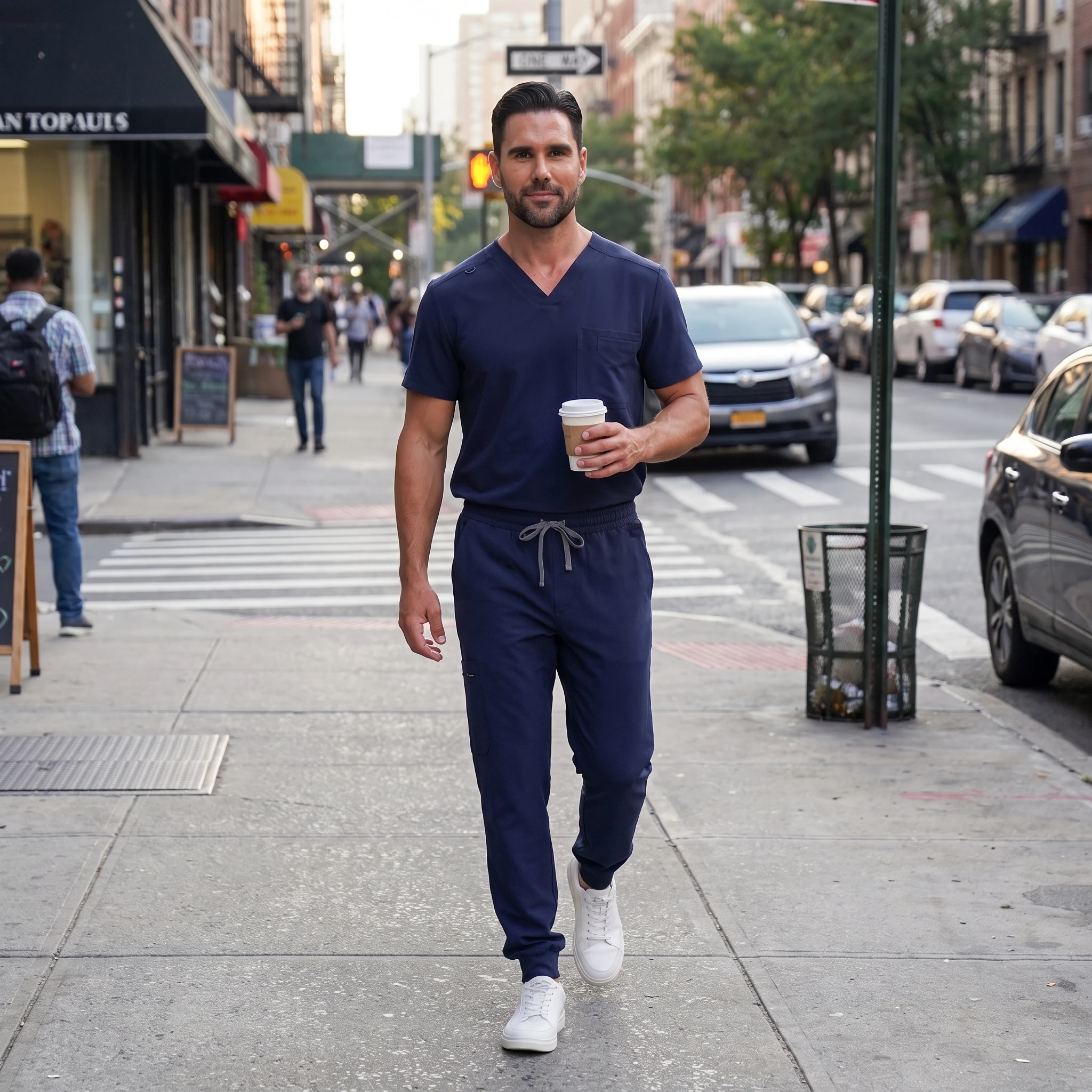 Man walking to work in the Lumi Motion navy jogger scrub set