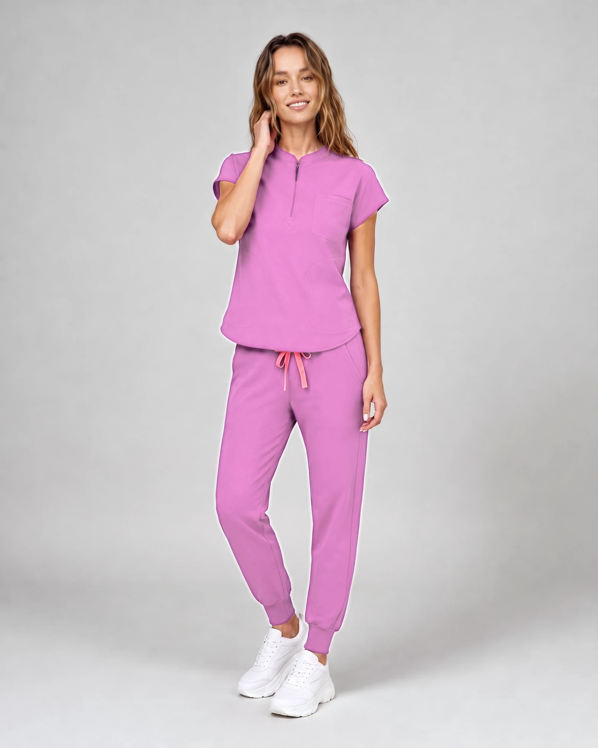 Chairside Zip Top — Full outfit shown; pants sold separately.