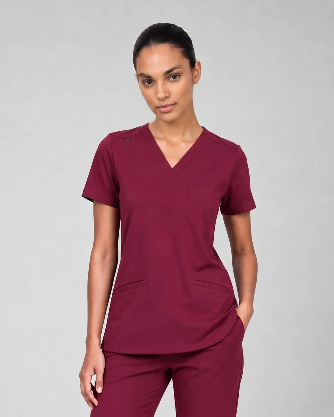 Lumi Womens Classic V-Neck Scrub Top in Burgundy - close view