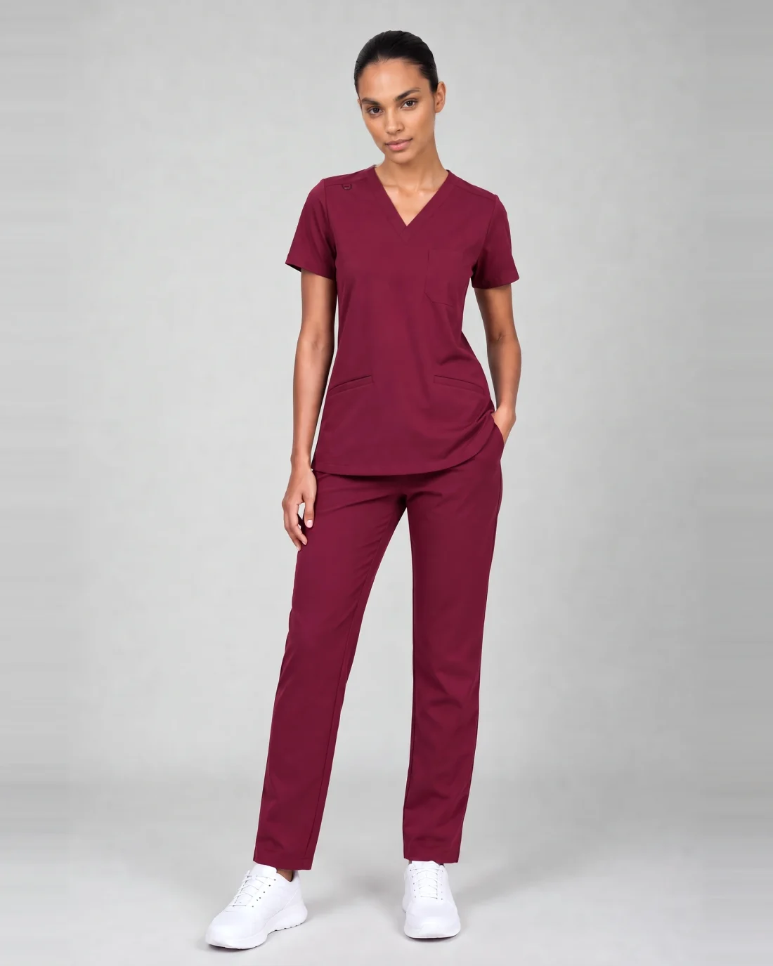 Women’s Classic V-Neck Top in Burgundy, front view for evaluating blank embroidery placement