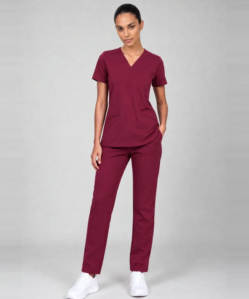 Lumi Womens Classic V-Neck Scrub Top in Burgundy - front