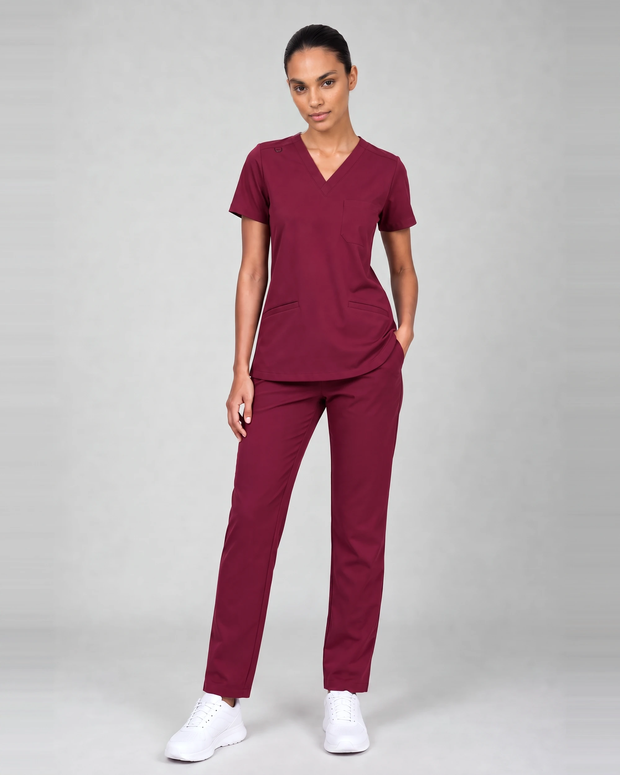 Classic V-Neck Top — Full outfit shown; pants sold separately.