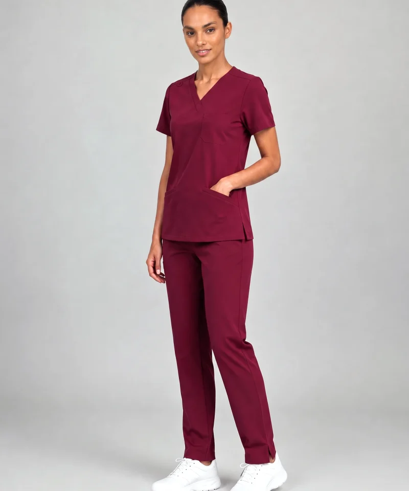 Lumi Womens Classic V-Neck Scrub Top in Burgundy - three-quarter view