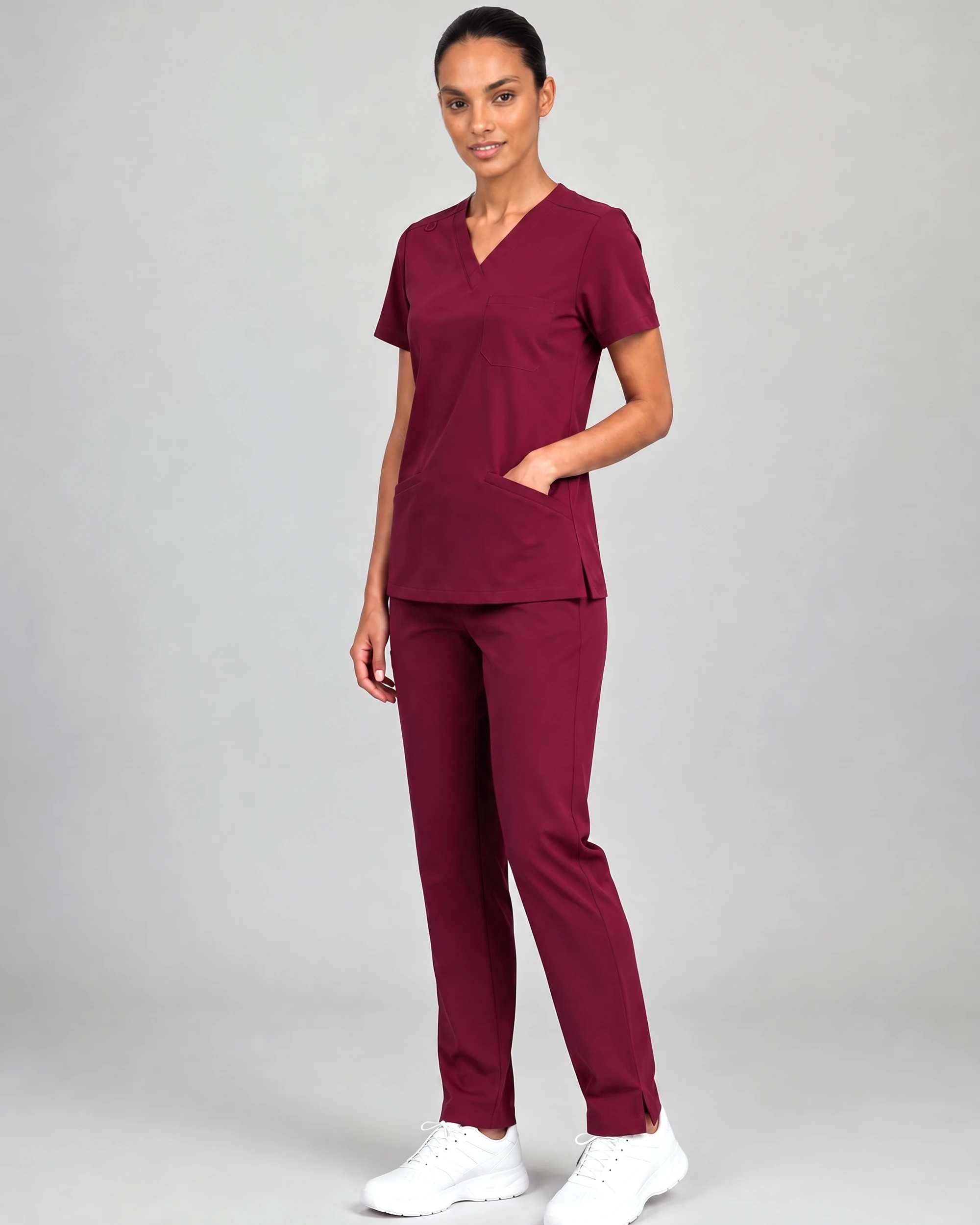 Classic V-Neck Top — Full outfit shown; pants sold separately.