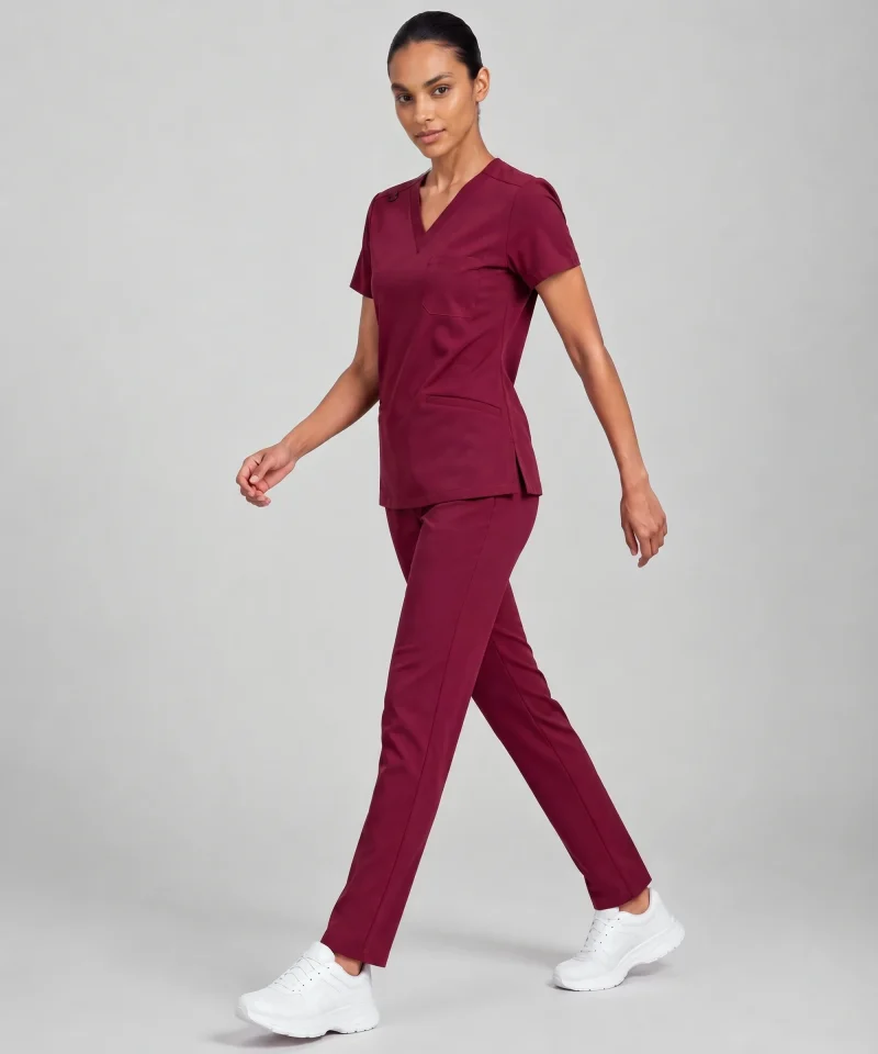 Lumi Womens Classic V-Neck Scrub Top in Burgundy - walking