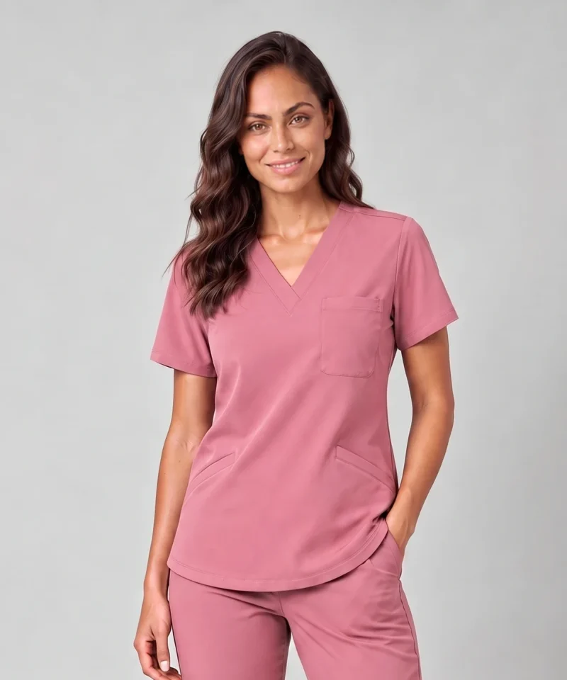 Classic V-Neck Top — Full outfit shown; pants sold separately.